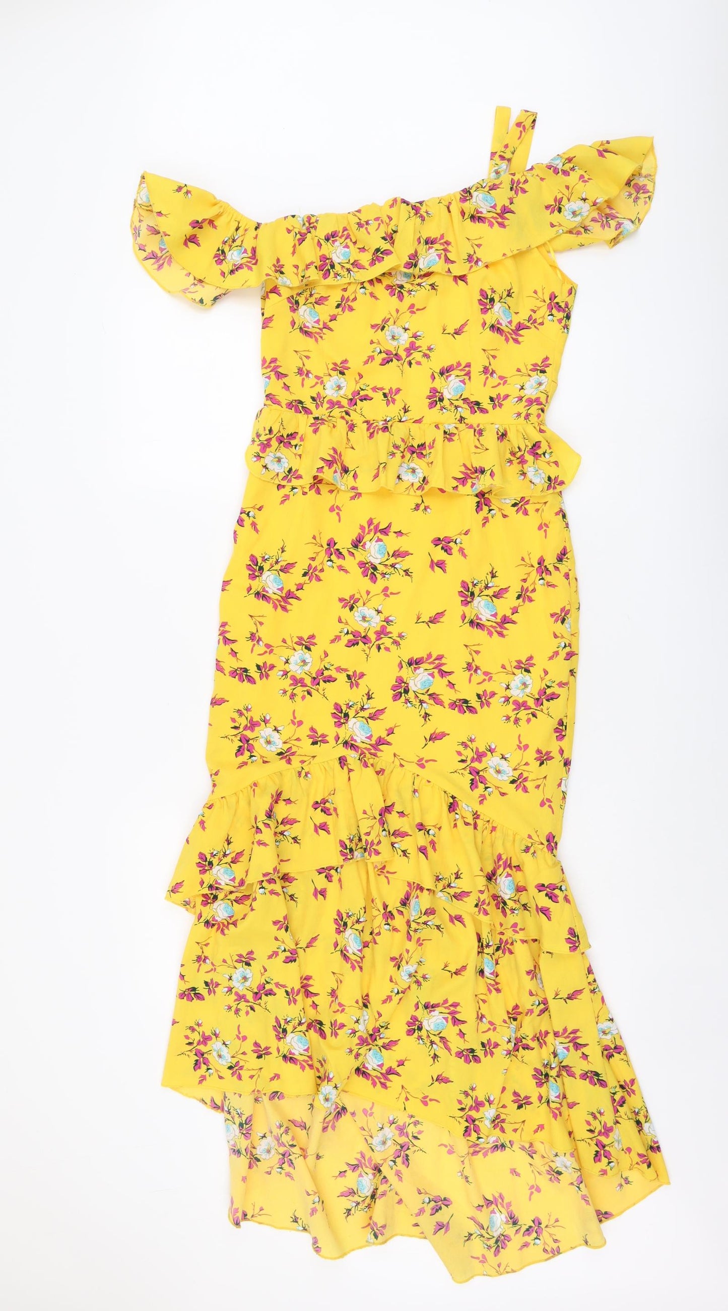 PRETTYLITTLETHING Womens Yellow Floral Polyester Trapeze & Swing Size 8 Off the Shoulder Zip