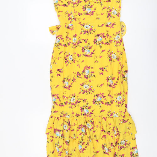 PRETTYLITTLETHING Womens Yellow Floral Polyester Trapeze & Swing Size 8 Off the Shoulder Zip