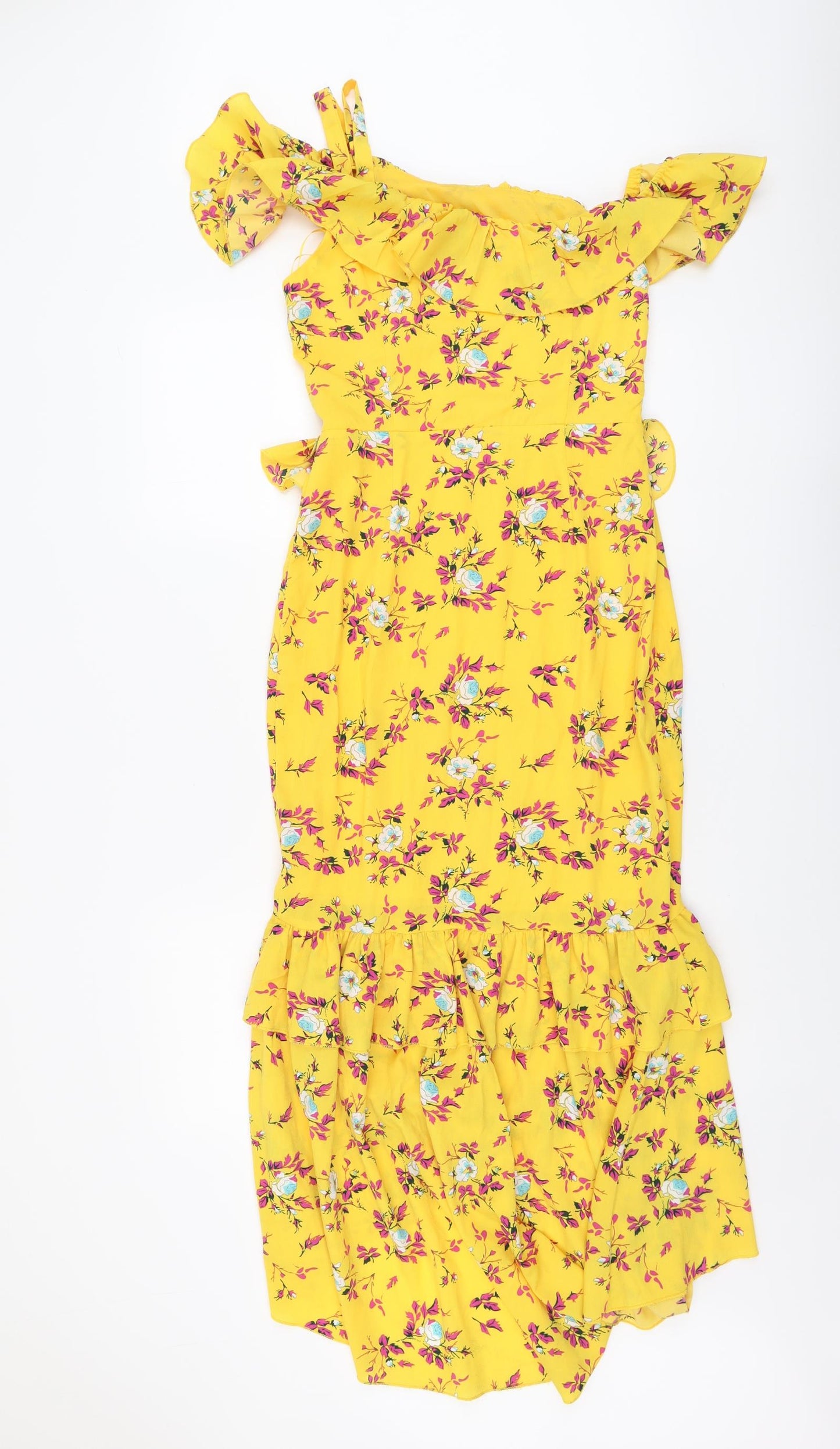 PRETTYLITTLETHING Womens Yellow Floral Polyester Trapeze & Swing Size 8 Off the Shoulder Zip