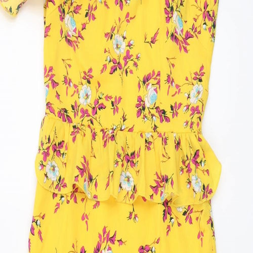 PRETTYLITTLETHING Womens Yellow Floral Polyester Trapeze & Swing Size 8 Off the Shoulder Zip