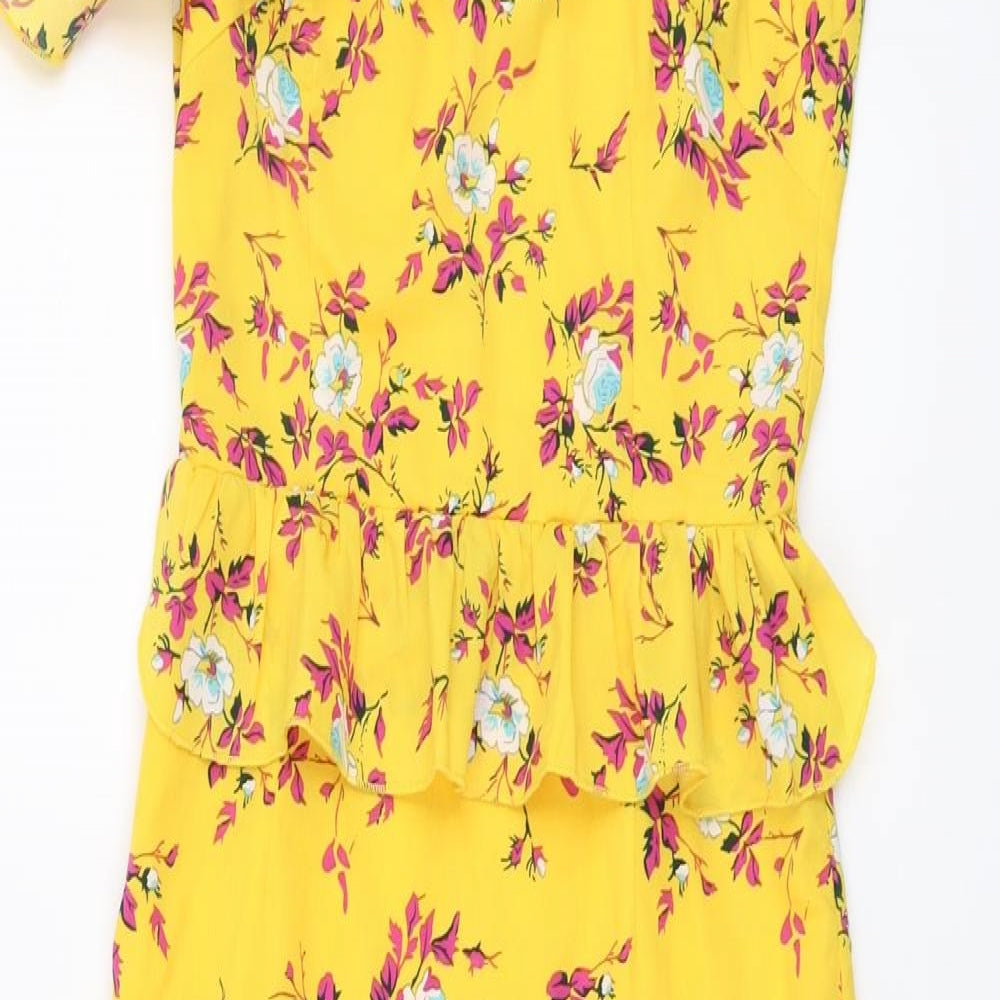 PRETTYLITTLETHING Womens Yellow Floral Polyester Trapeze & Swing Size 8 Off the Shoulder Zip