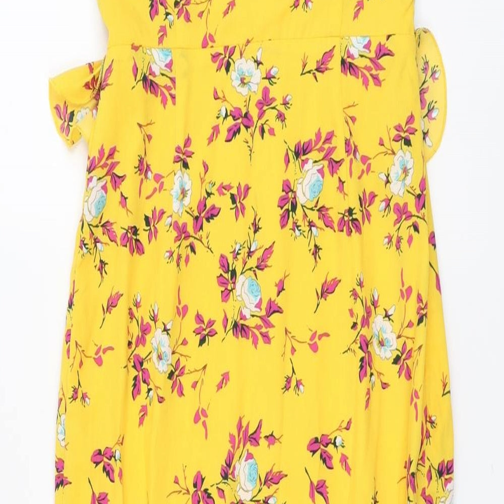 PRETTYLITTLETHING Womens Yellow Floral Polyester Trapeze & Swing Size 8 Off the Shoulder Zip