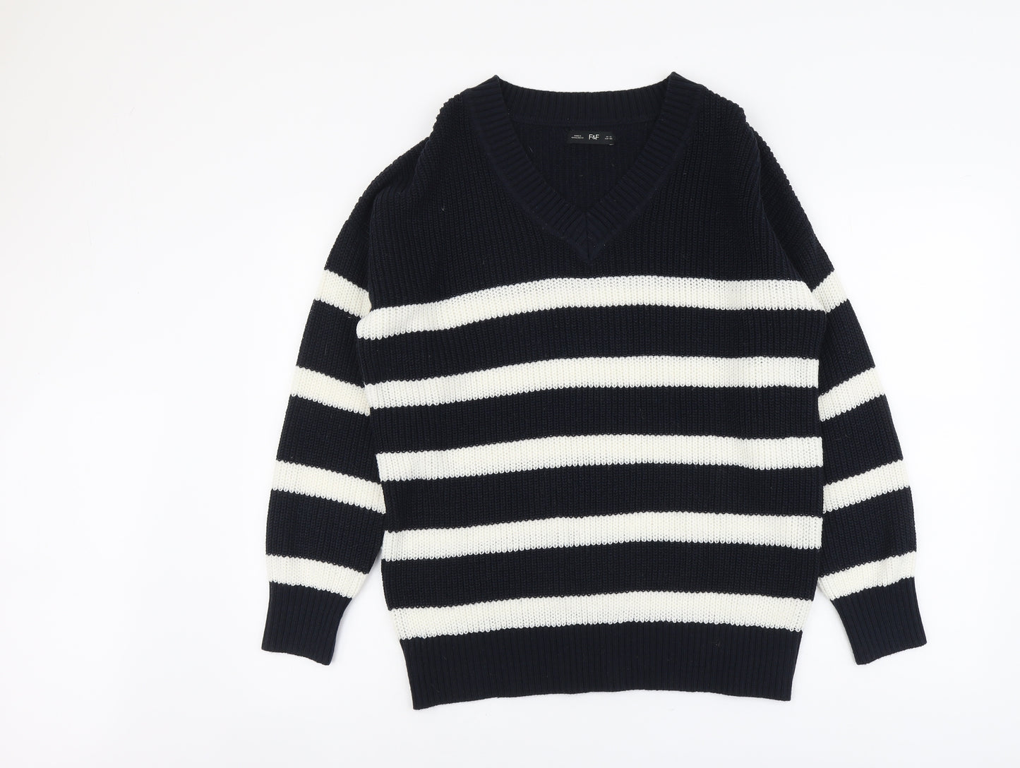 F&F Womens Blue V-Neck Striped Acrylic Pullover Jumper Size 12