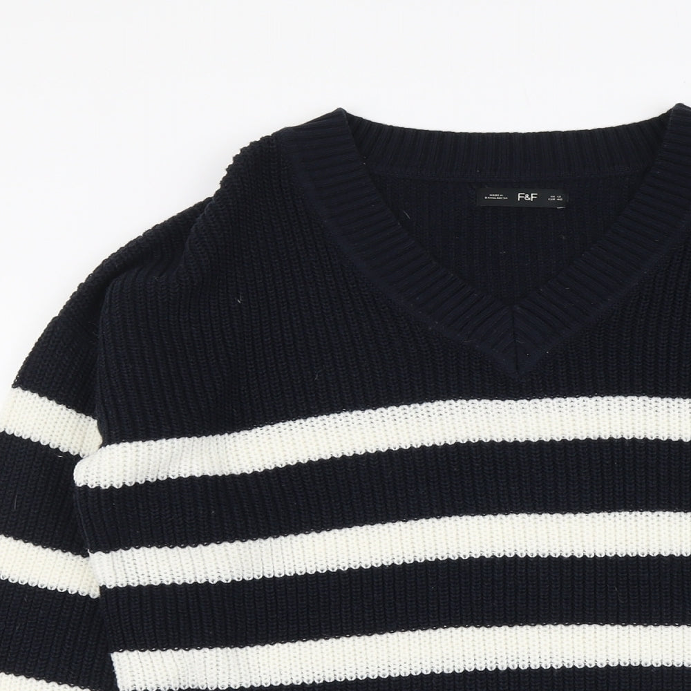 F&F Womens Blue V-Neck Striped Acrylic Pullover Jumper Size 12