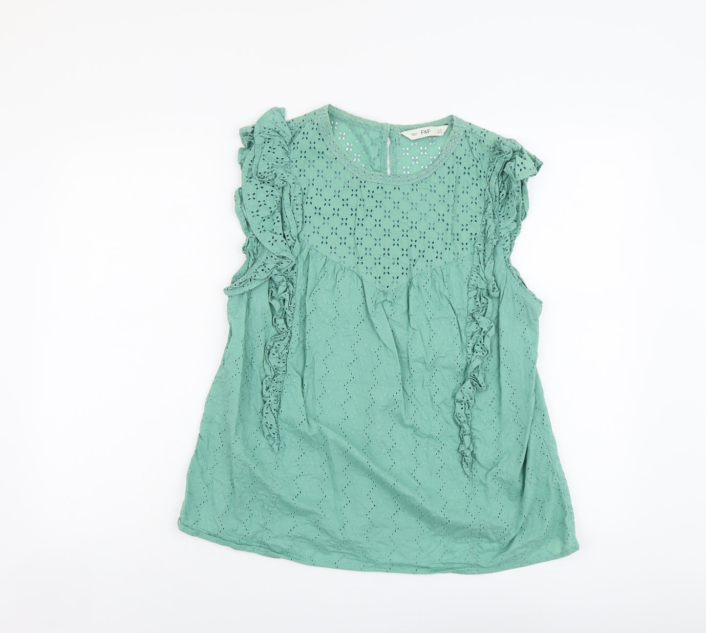F&F Womens Green Cotton Basic Tank Size 14 Round Neck - Broderie Anglaise