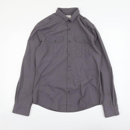River Island Womens Grey Striped Polyester Basic Button-Up Size M Collared
