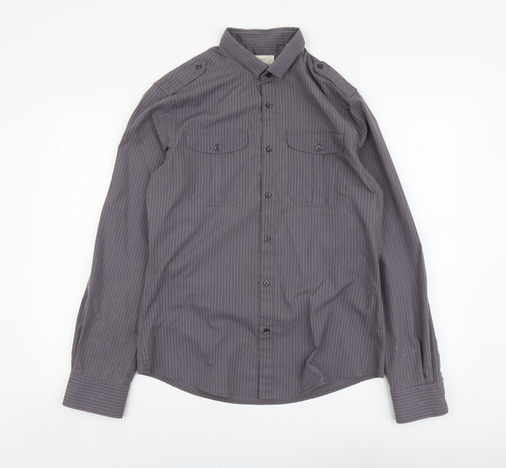 River Island Womens Grey Striped Polyester Basic Button-Up Size M Collared