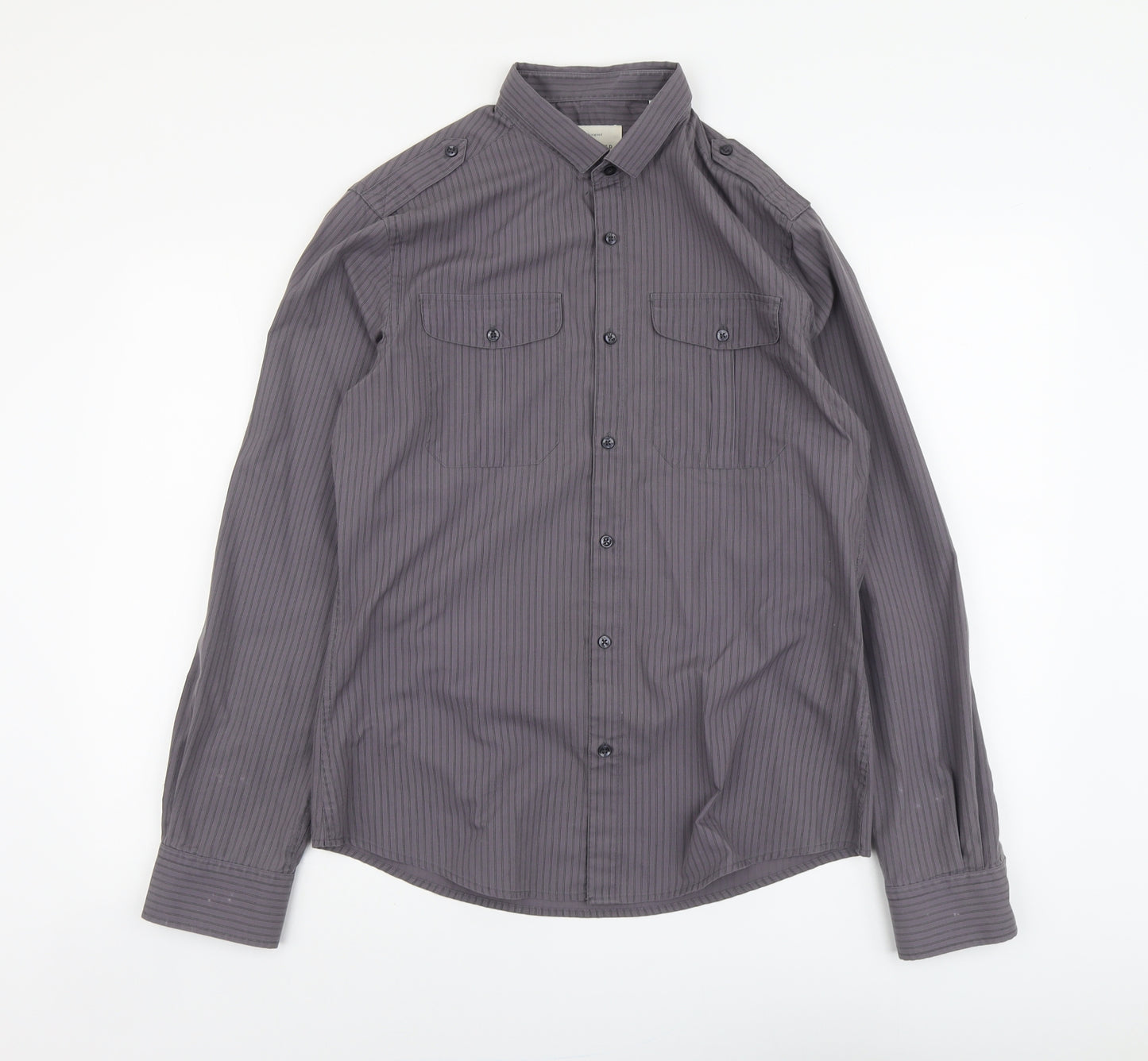 River Island Womens Grey Striped Polyester Basic Button-Up Size M Collared