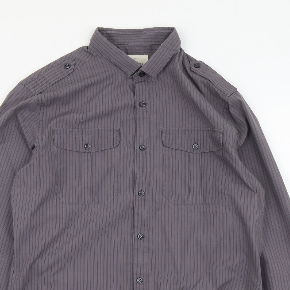 River Island Womens Grey Striped Polyester Basic Button-Up Size M Collared