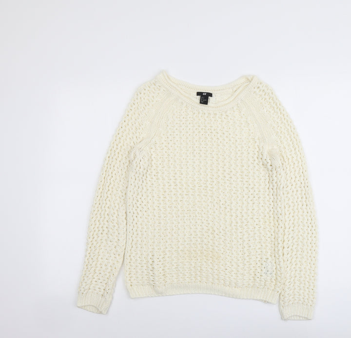 H&M Womens Ivory Boat Neck Acrylic Pullover Jumper Size S