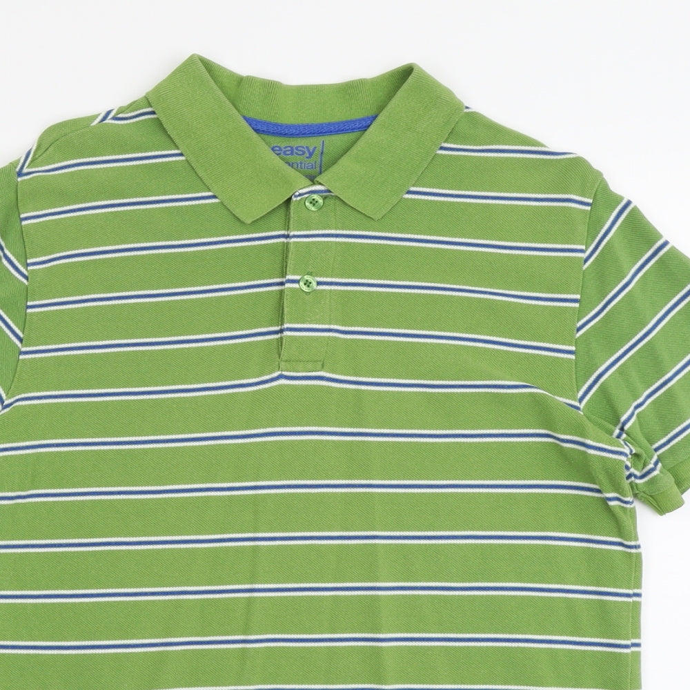 Easy Mens Green Striped Cotton Polo Size L Collared Button