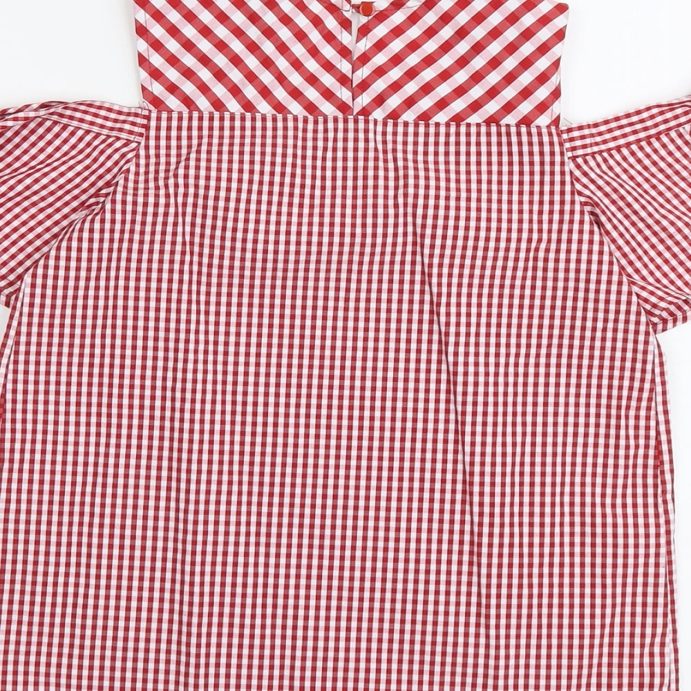 Hearts Girls Red Gingham Cotton Basic Blouse Size 14 Years Round Neck Button - Cold Shoulder