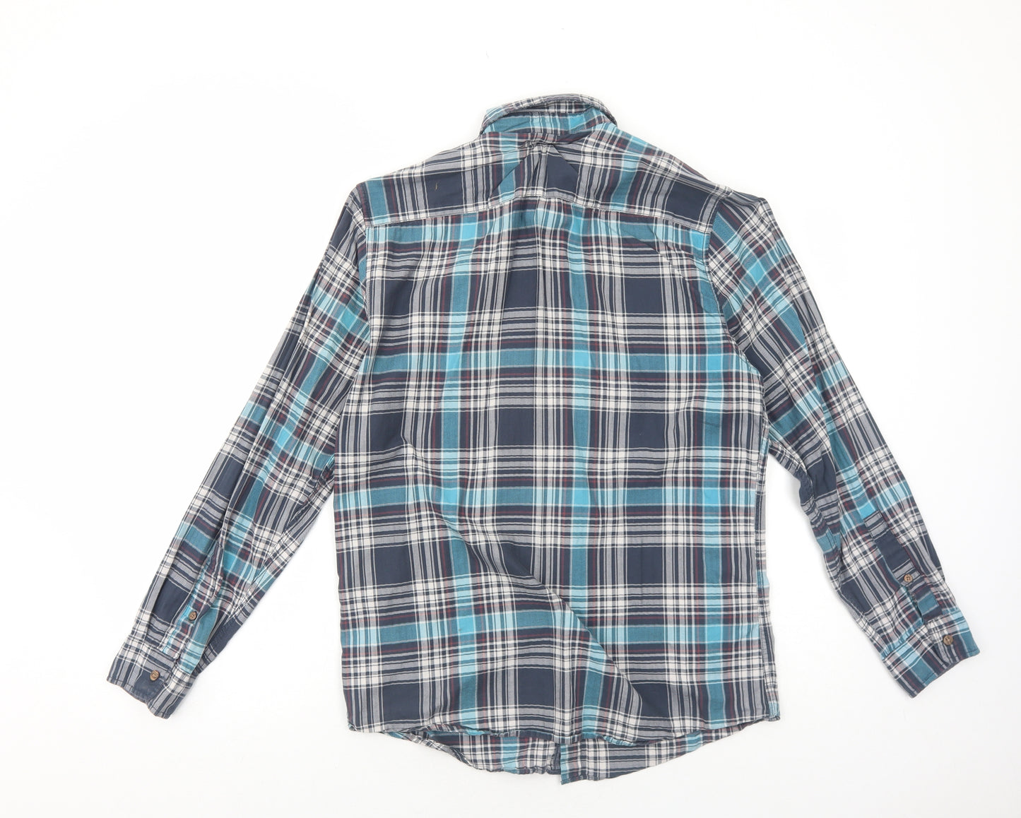 F&F Mens Blue Plaid Cotton Button-Up Size M Collared Button