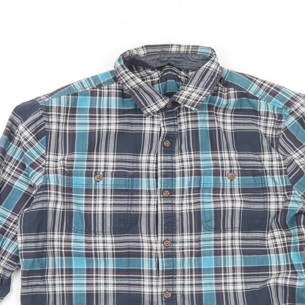 F&F Mens Blue Plaid Cotton Button-Up Size M Collared Button