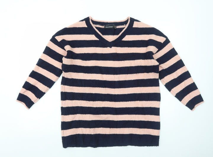 Nina Leonard Womens Blue V-Neck Striped Acrylic Pullover Jumper Size L