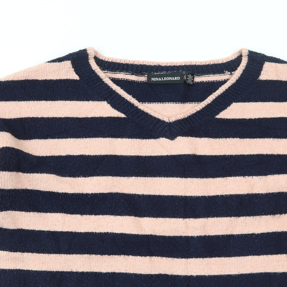Nina Leonard Womens Blue V-Neck Striped Acrylic Pullover Jumper Size L