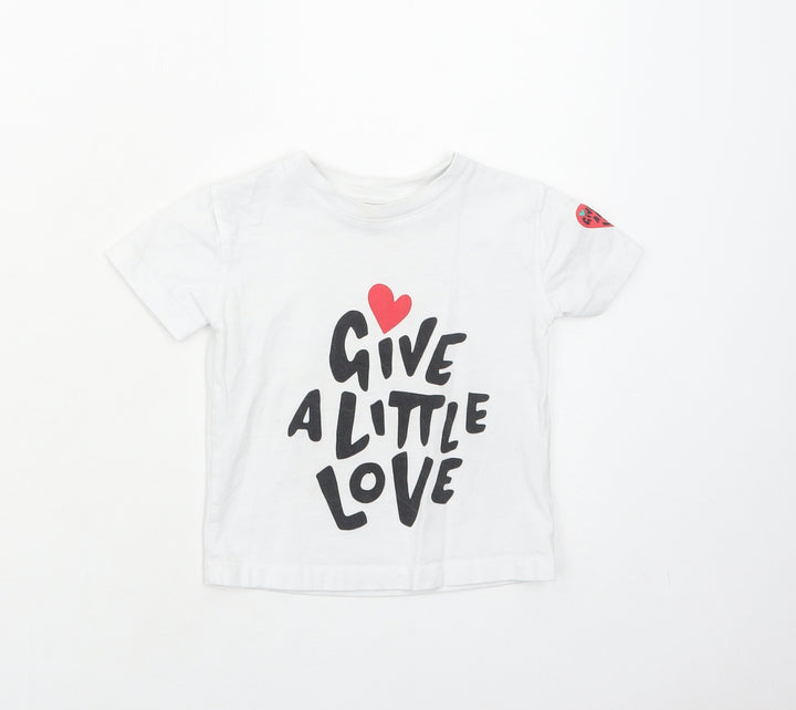 John Lewis Girls White Cotton Basic T-Shirt Size 2 Years Round Neck Pullover - Give A Little Love