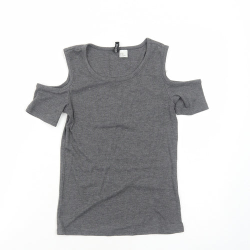 H&M Womens Grey Polyester Basic T-Shirt Size XS Round Neck - Cold Shoulder