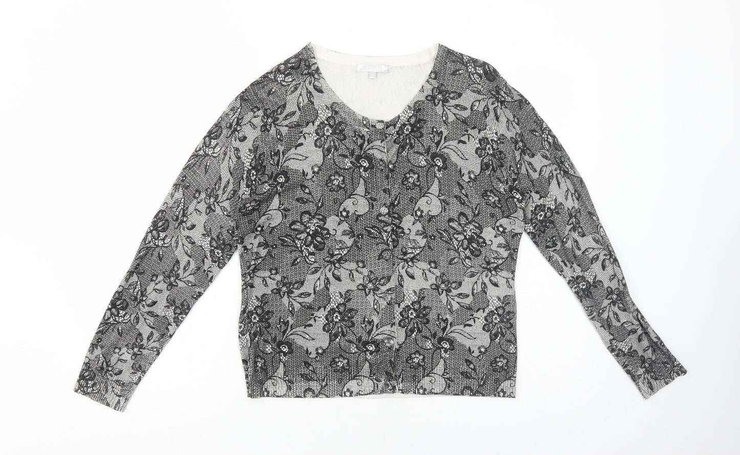 Lakeland Womens Black Scoop Neck Floral Viscose Cardigan Jumper Size 16