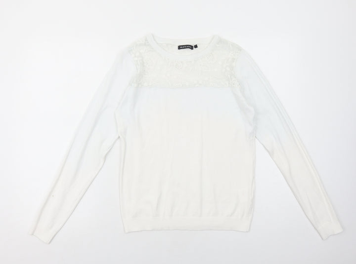 Brave Soul Womens White Boat Neck Viscose Pullover Jumper Size 14 - Lace Detail