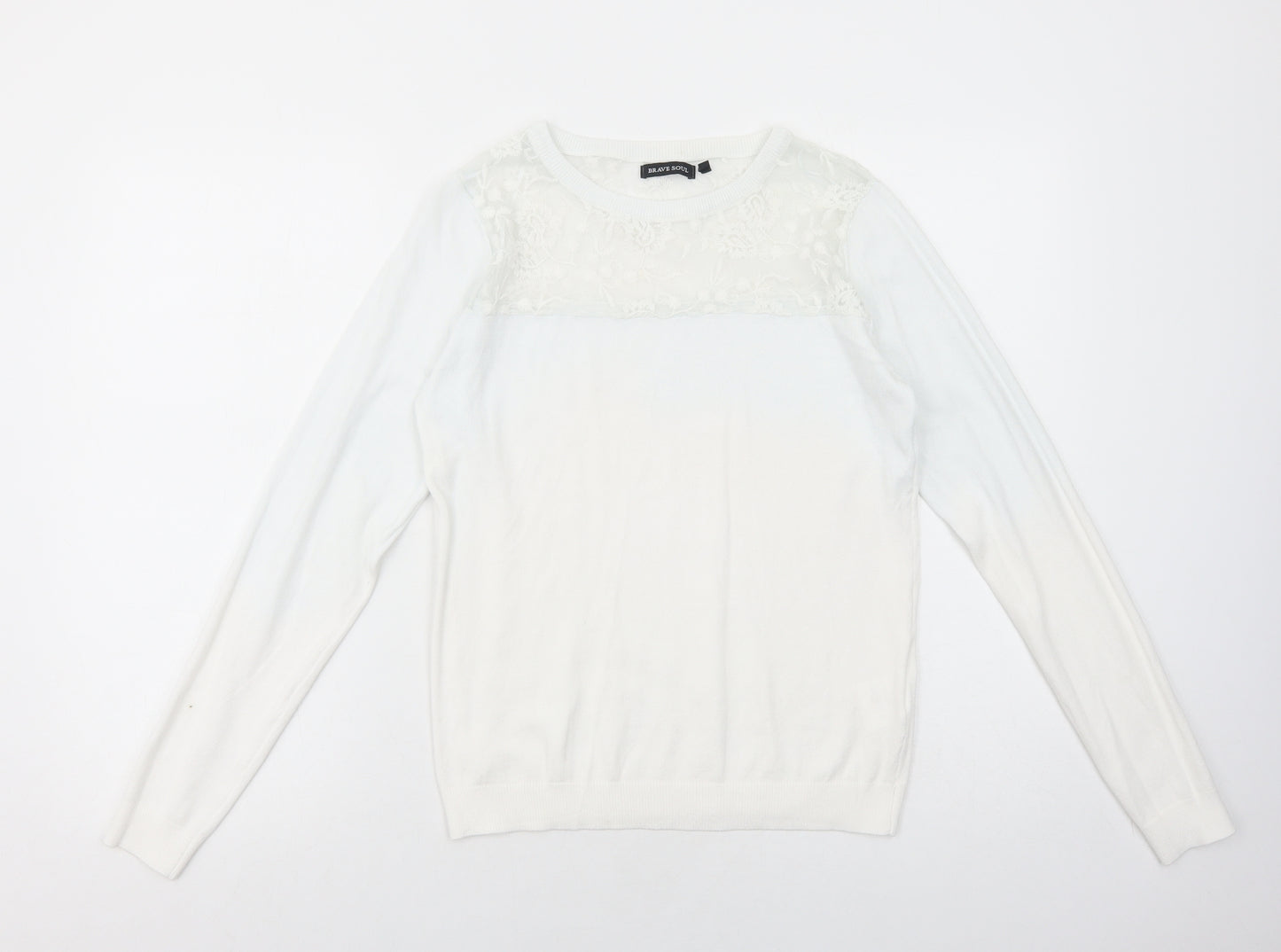 Brave Soul Womens White Boat Neck Viscose Pullover Jumper Size 14 - Lace Detail