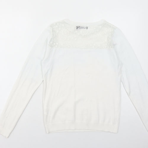 Brave Soul Womens White Boat Neck Viscose Pullover Jumper Size 14 - Lace Detail