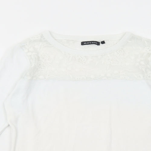 Brave Soul Womens White Boat Neck Viscose Pullover Jumper Size 14 - Lace Detail