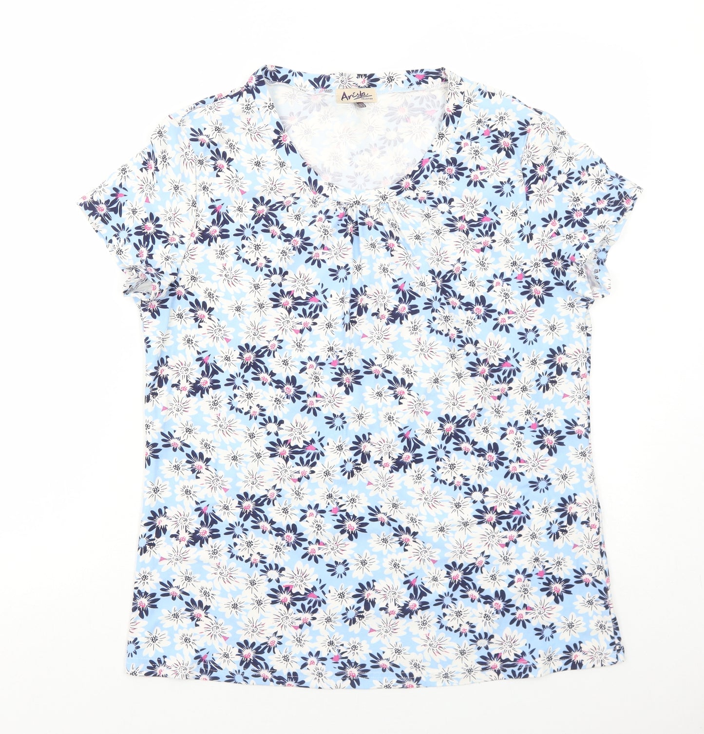 Arista Womens Blue Floral Polyester Basic T-Shirt Size 14 Round Neck
