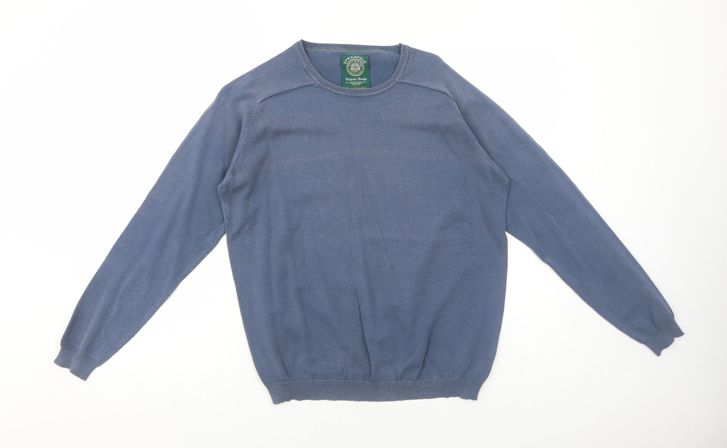 Springfield Mens Blue Round Neck Cotton Pullover Jumper Size M Long Sleeve