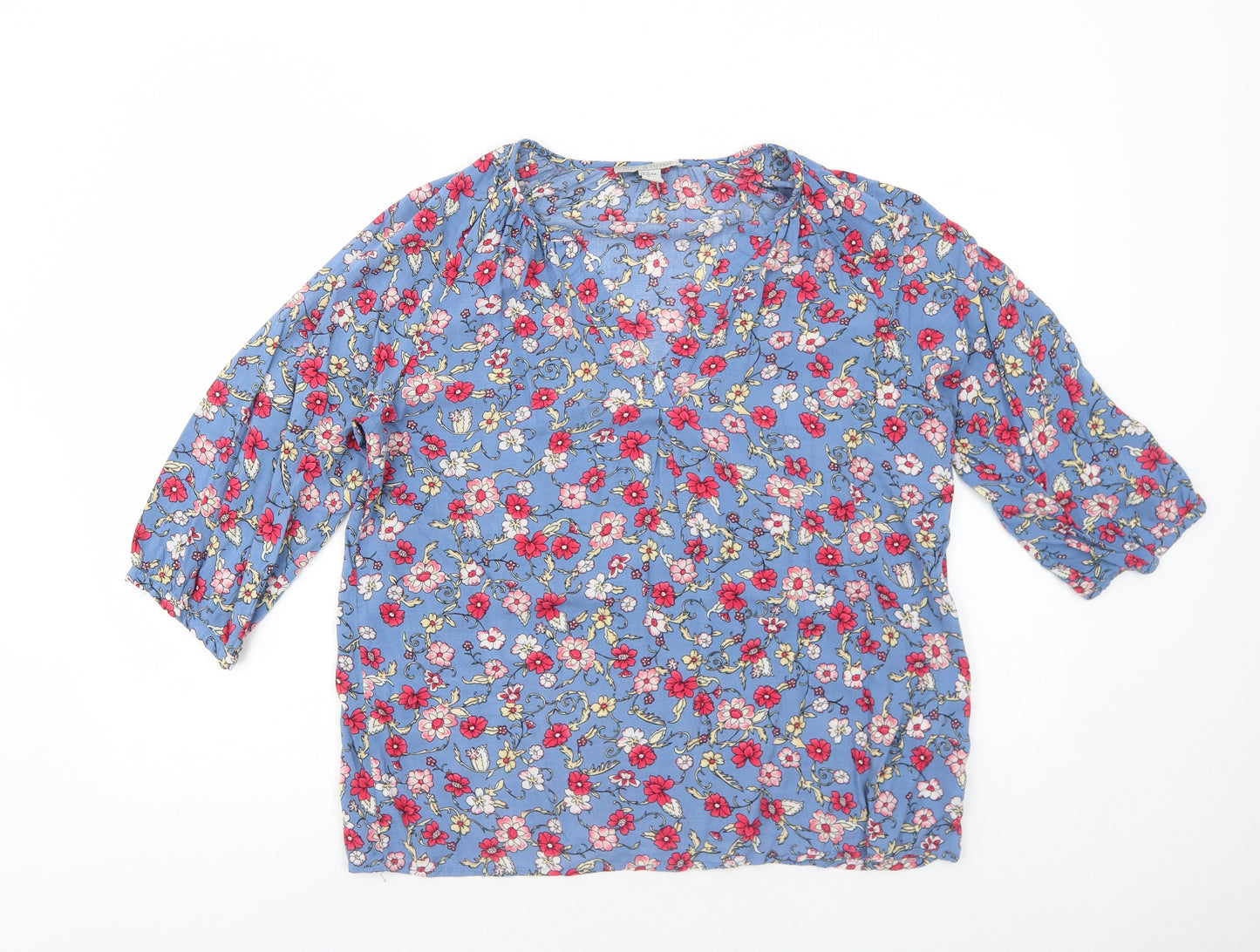 Rose & Thyme Womens Blue Floral Viscose Basic Blouse Size XL V-Neck