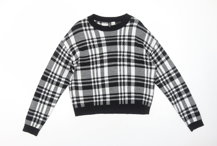 H&M Womens Black Boat Neck Plaid Acrylic Pullover Jumper Size M