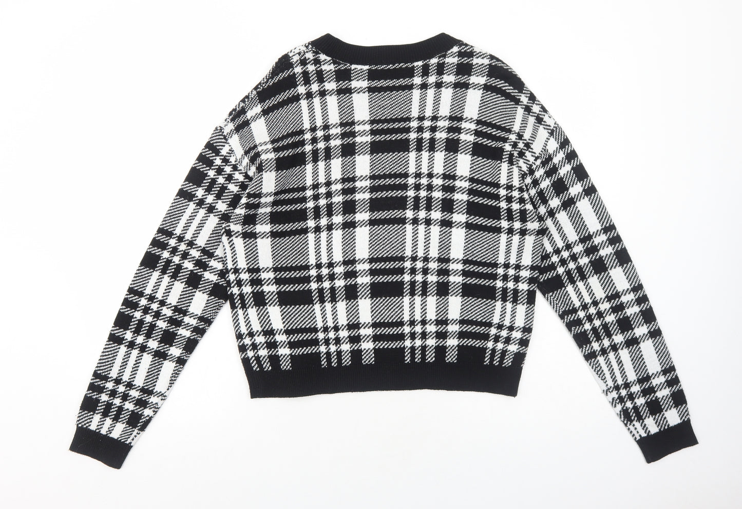H&M Womens Black Boat Neck Plaid Acrylic Pullover Jumper Size M