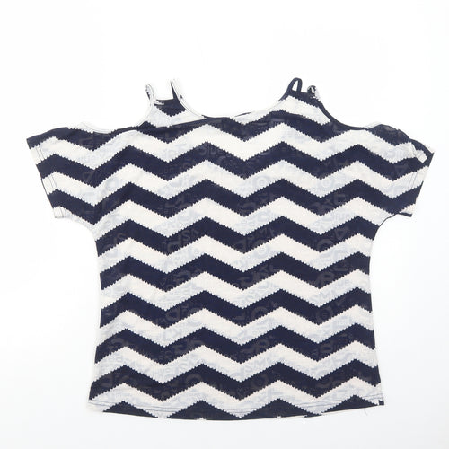 Izabel London Womens Blue Geometric Polyester Basic T-Shirt Size 8 Round Neck - Cold Shoulder