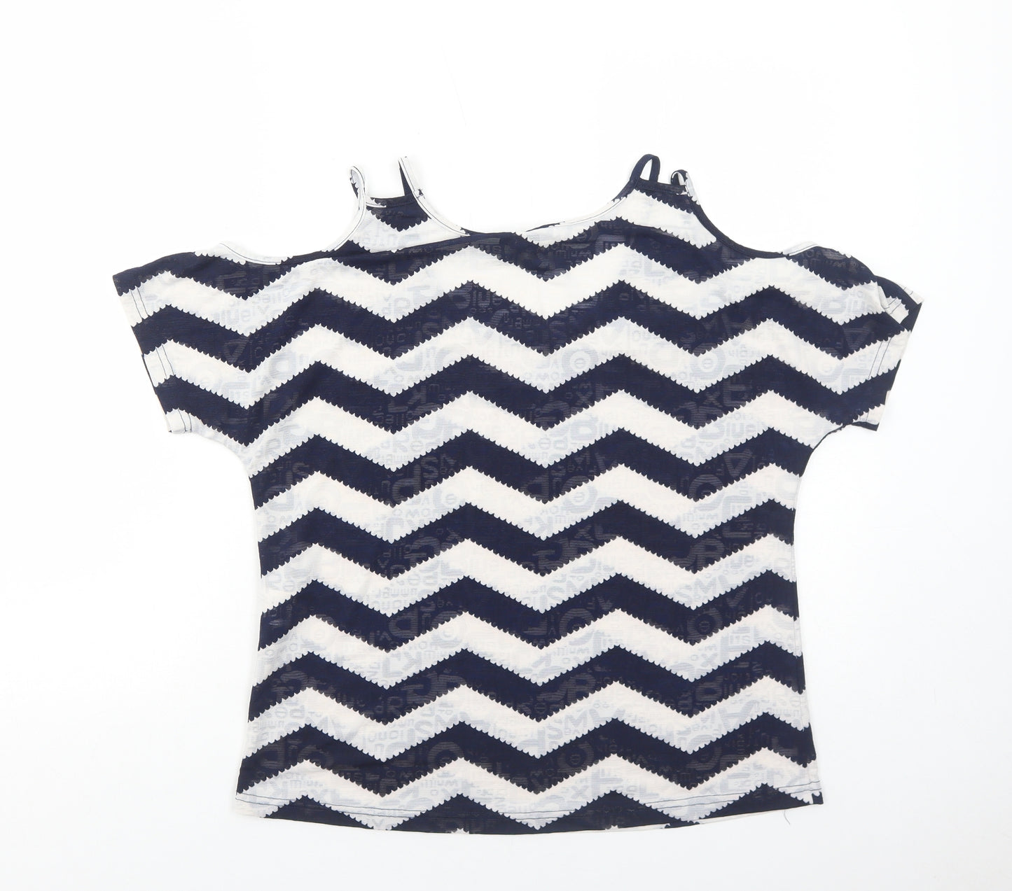 Izabel London Womens Blue Geometric Polyester Basic T-Shirt Size 8 Round Neck - Cold Shoulder