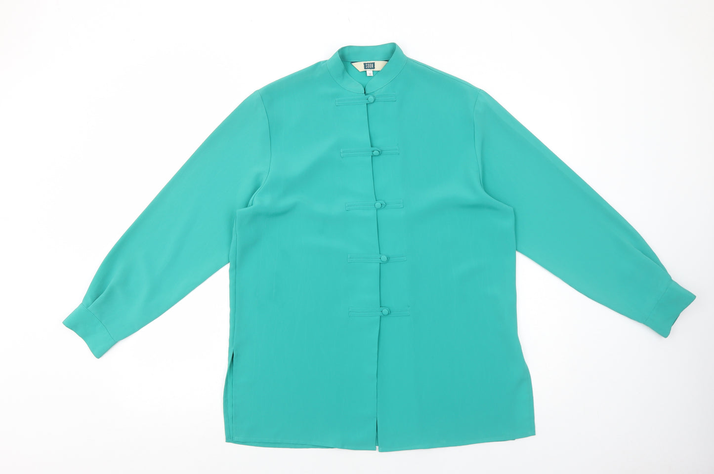 Soon Womens Green Polyester Basic Button-Up Size 12 Mock Neck