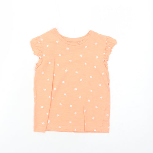 George Girls Orange Floral Cotton Basic T-Shirt Size 5-6 Years Round Neck Pullover
