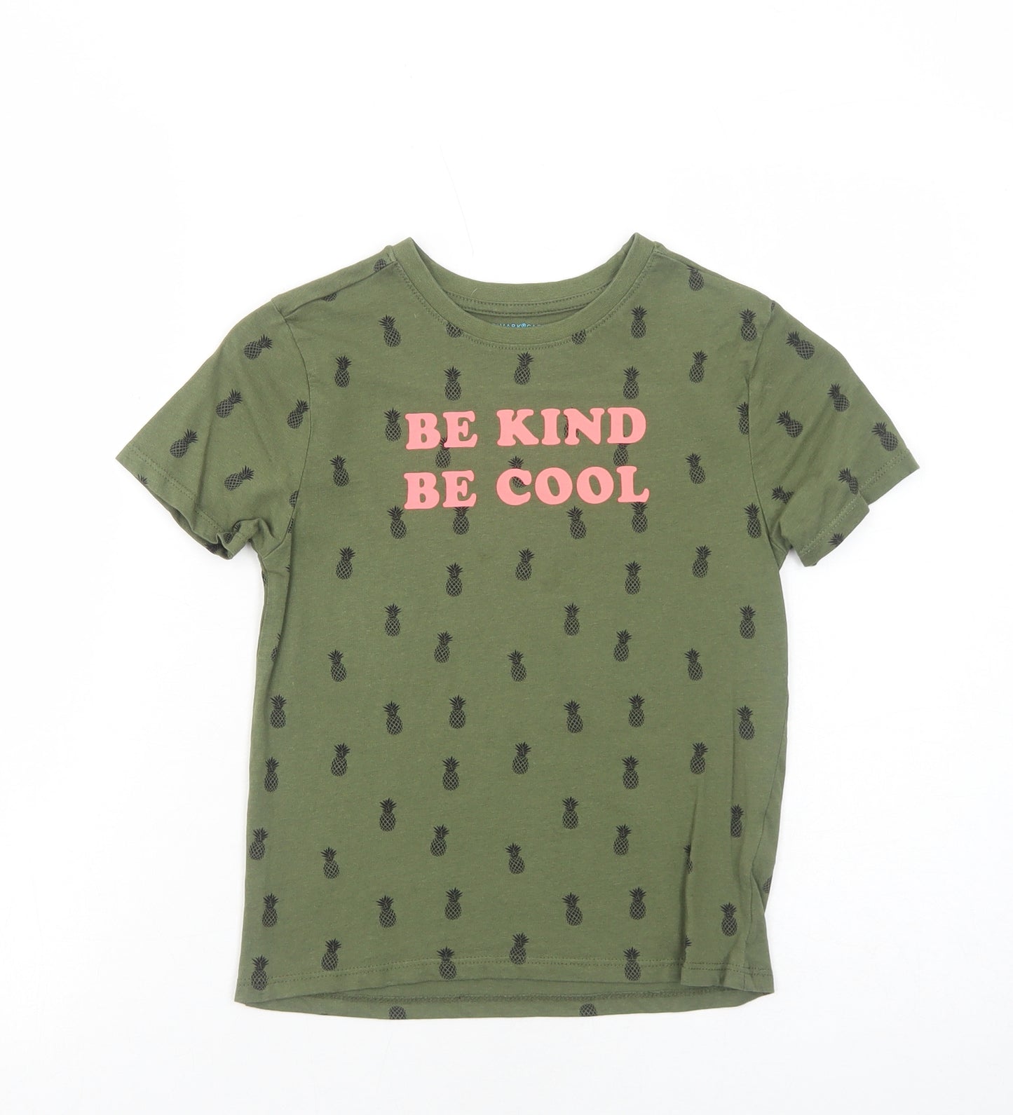 Primark Girls Green Geometric Cotton Basic T-Shirt Size 6-7 Years Round Neck Pullover - Be Kind Be Cool Pineapple