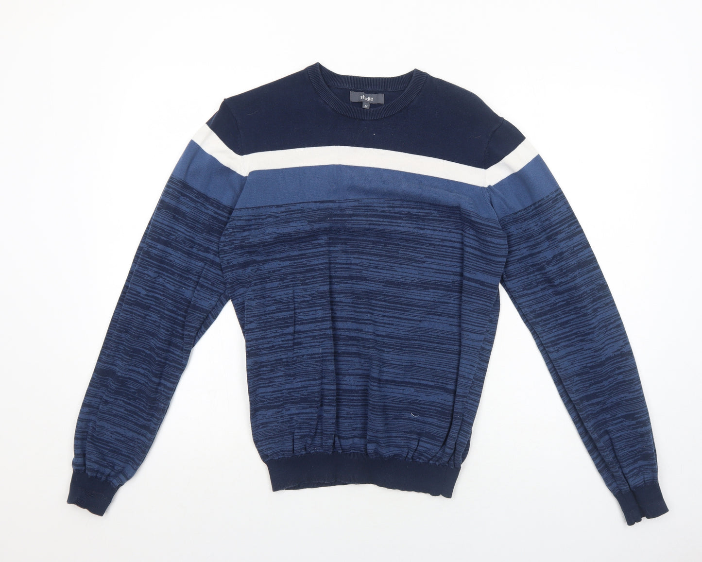 Studio Mens Blue Round Neck Cotton Pullover Jumper Size M Long Sleeve