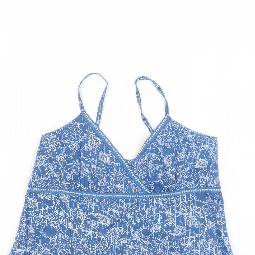 915 Girls Blue Floral Cotton Basic Tank Size 11 Years V-Neck Pullover
