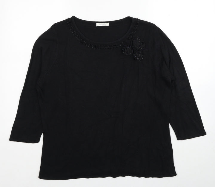Berkertex Womens Black Round Neck Acrylic Pullover Jumper Size 20 - Flower Detail