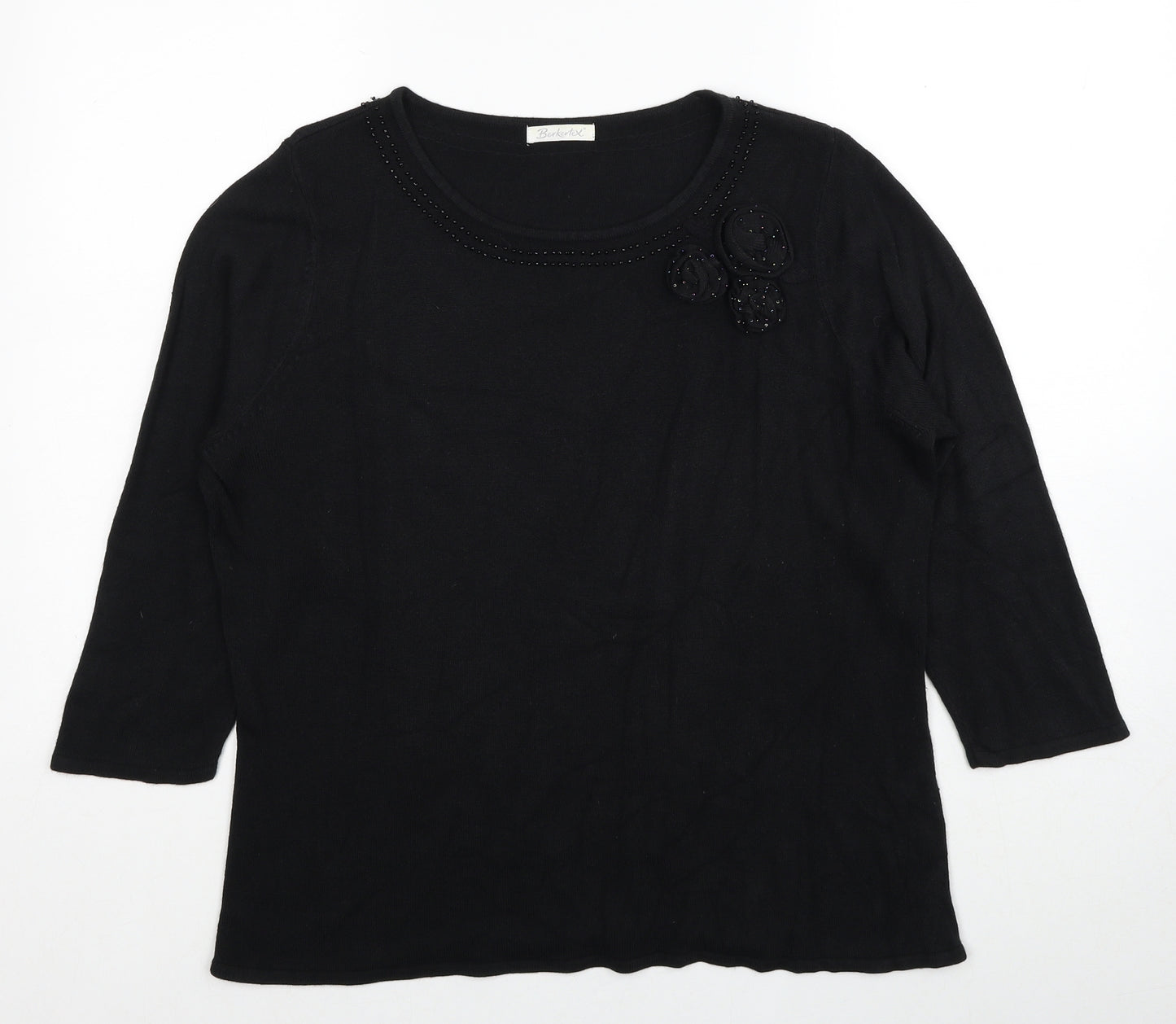 Berkertex Womens Black Round Neck Acrylic Pullover Jumper Size 20 - Flower Detail