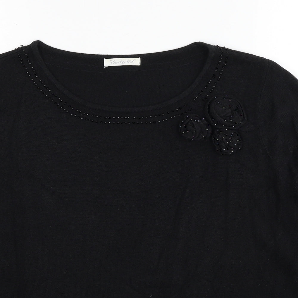 Berkertex Womens Black Round Neck Acrylic Pullover Jumper Size 20 - Flower Detail