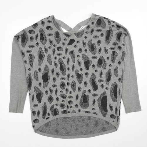 Fransa Womens Grey Round Neck Geometric Viscose Pullover Jumper Size L