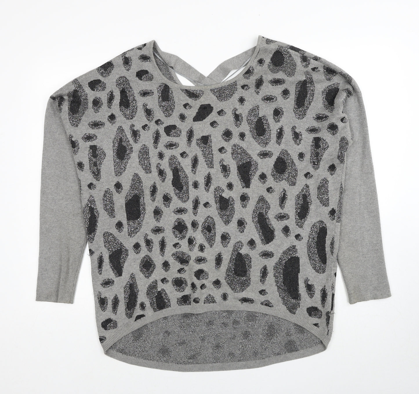 Fransa Womens Grey Round Neck Geometric Viscose Pullover Jumper Size L