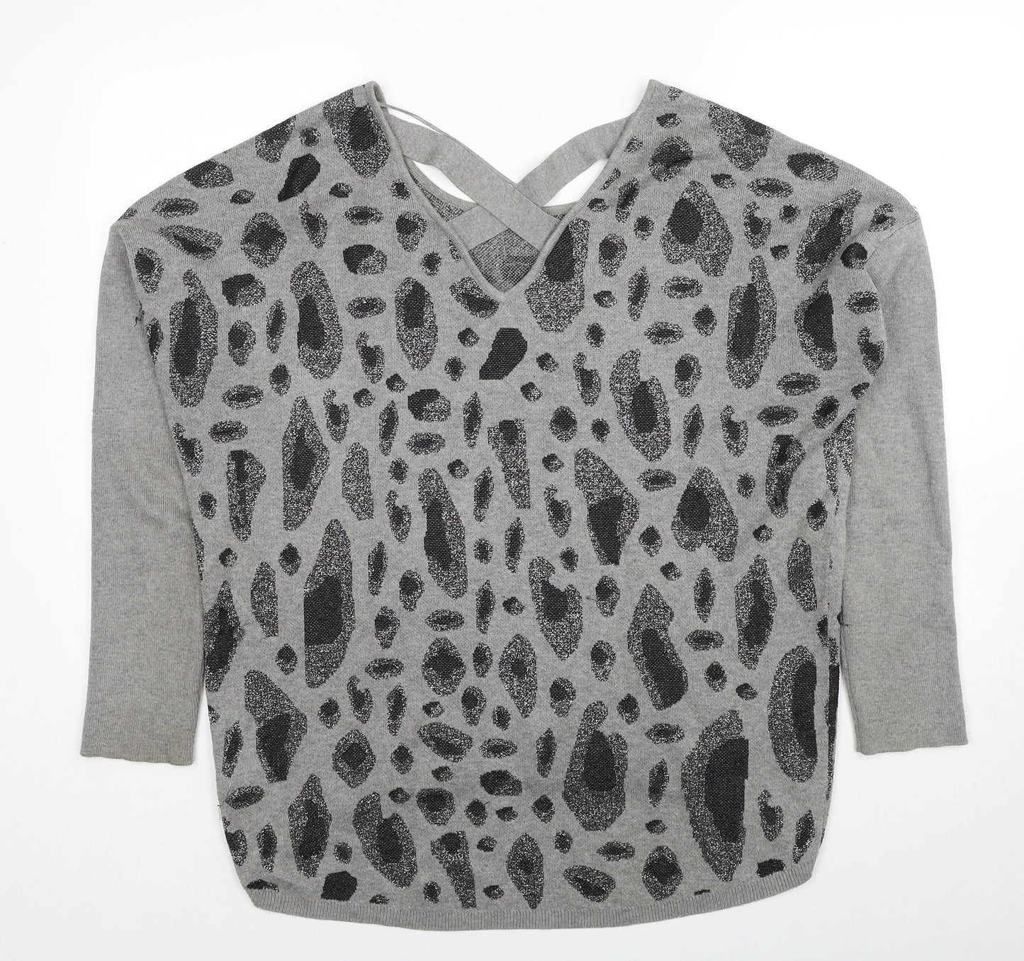 Fransa Womens Grey Round Neck Geometric Viscose Pullover Jumper Size L