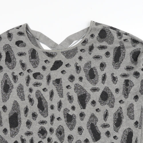 Fransa Womens Grey Round Neck Geometric Viscose Pullover Jumper Size L