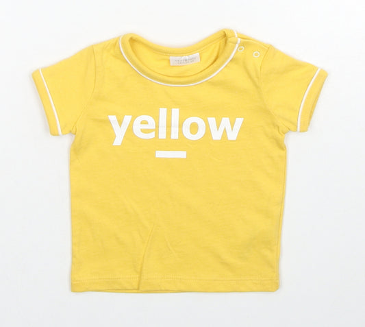 Front view of Next Yellow Cotton Basic T-Shirt, size 0-3, Months Round Neck Button - Yellow