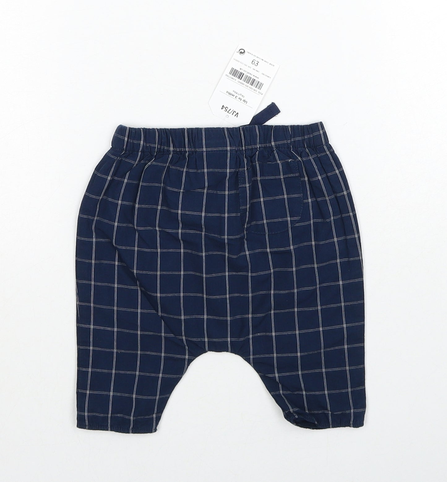 NEXT Boys Blue Check Cotton Cropped Trousers Size 0-3 Months Drawstring