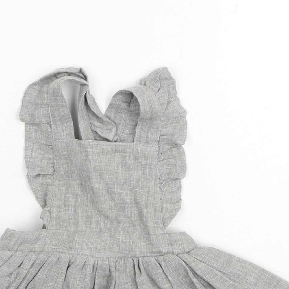 Matalan Girls Grey Cotton Pinafore/Dungaree Dress Size 0-3 Months Square Neck Button