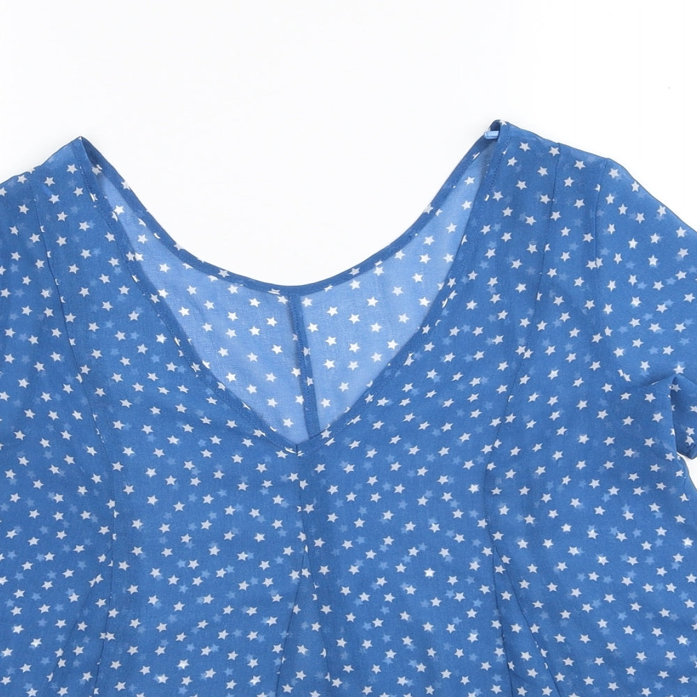 Marks and Spencer Womens Blue Geometric Polyester Basic Blouse Size 6 V-Neck - Star Print